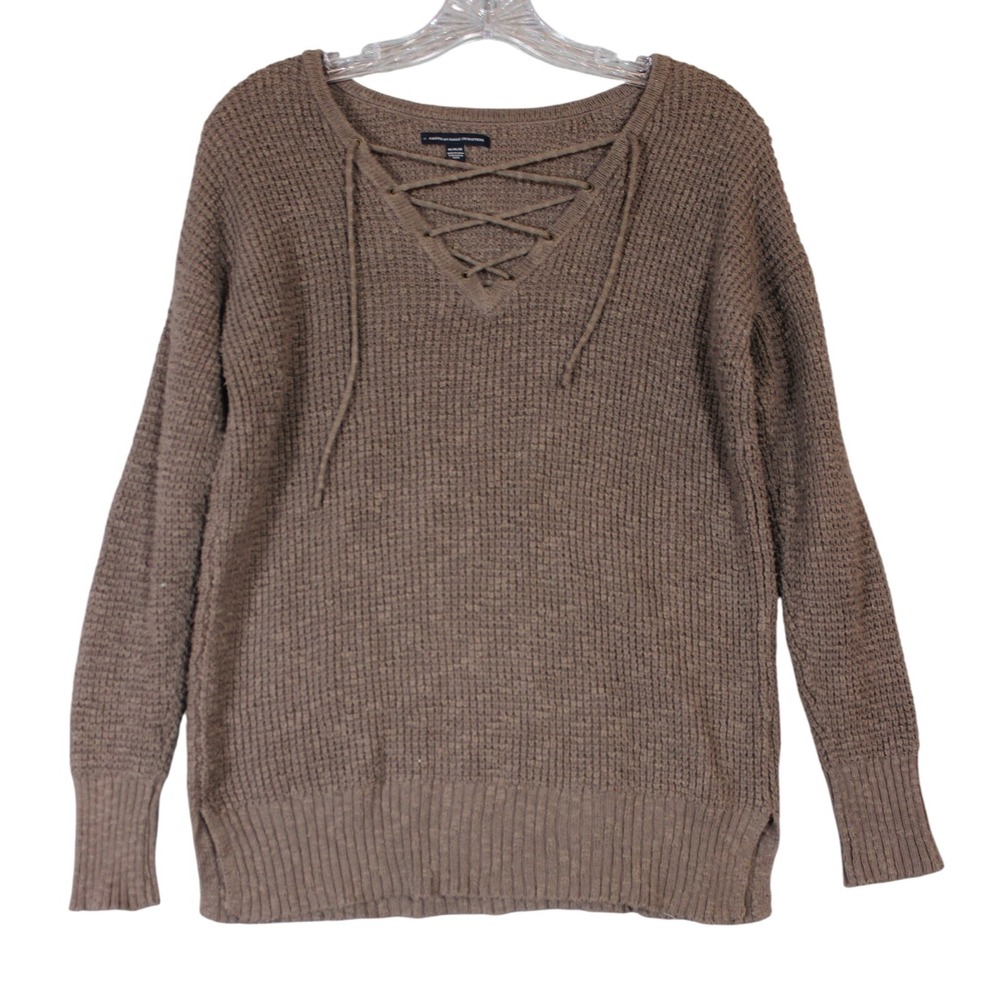 American Eagle Outfitters Brown Lace Up V Neck Waffle Knit Sweater M